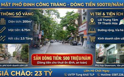 BÁN BDS DÒNG TIỀN 50TR/THÁNG- NHÀ MẶT PHỐ ĐINH CÔNG TRÁNG TRUNG TÂM TP THANH HÓA. Mặt tiền siêu lớn: 6m75 vuông đét