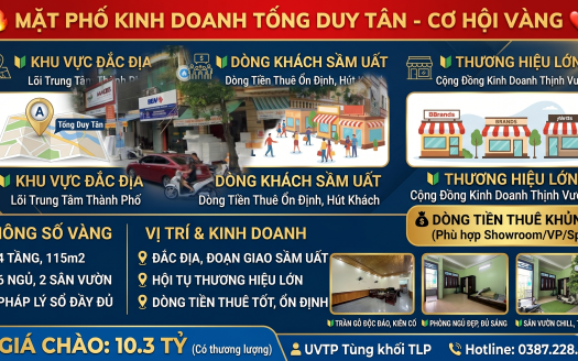 🎯 Bán nhà mặt phố kinh doanh TỐNG DUY TÂN ❤️‍🔥 Diện tích: 115m2 🏠 Kết cấu: Nhà 4 tầng, 6 ngủ, 2 sân vườn